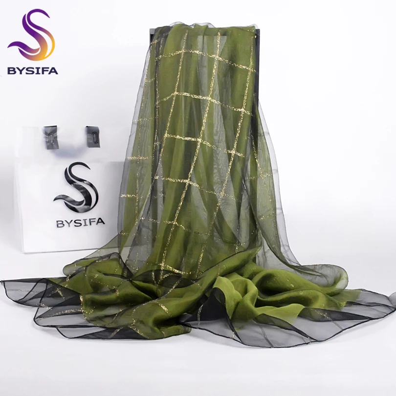 

[BYSIFA] Army Green Women Scarves Winter Trendy Accessories Double Layers Plaid Long Silk Scarf Shawl Muslim Head Scarf 190*70cm