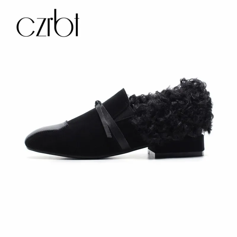 

czrbt 2018 Fashion Fur Wool Coil Natural Suede Leather Winter Lazy Shoes Women Flats Shoes Black Yellow Bow Big Size 34~43