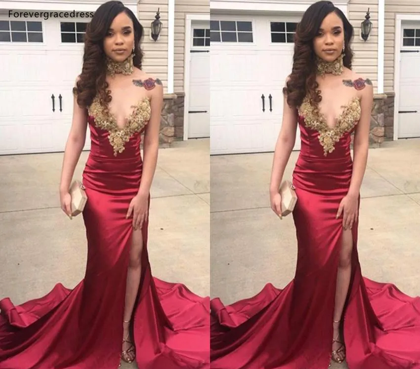 Hot Sell Dark Red With Gold Appliques Mermaid Prom Dresses 2019 Newest Sweetheart Split African Party Evening Gowns BC0876  128 (4)