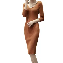 2018 Das Mulheres Novas De Malha Vestido de Inverno Moda Outono Magro Camisola de Manga Comprida Com Decote Em V Profundo Casual Escritório Vestido Vestidos De Festa