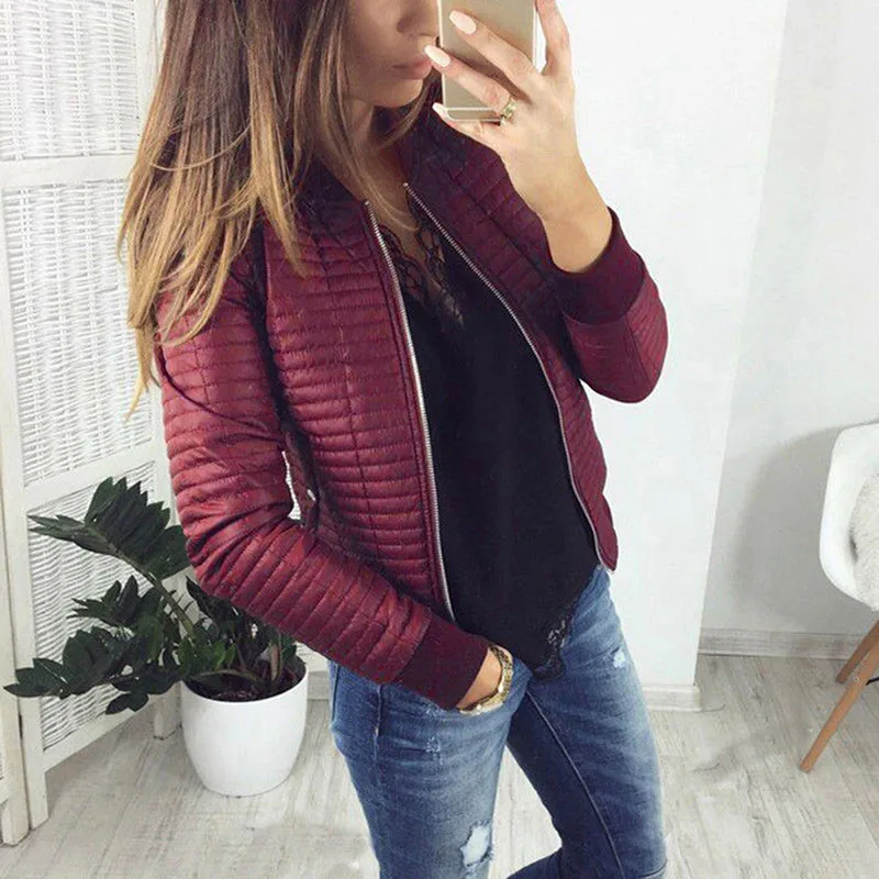 Long Sleeve Stand Collar Zipper Cardigan Women Jackets Black Basic Bomber Short Jacket Spring Autumn Slim Coat Ladies - Цвет: Бургундия