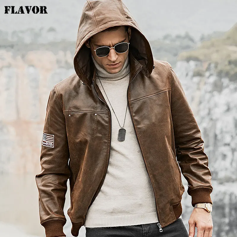 Kожаная куртка мужская пальто из свиной шкуры FLAVOR, мотоциклетная куртка из натуральной кожи с отстегивющимся капюшоном - Цвет: Brown
