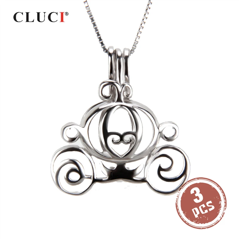 

CLUCI 3pcs Silver 925 Romantic Pumpkin Car Shaped Pearl Locket for Necklace Women 925 Sterling Silver Cage Pendant Jewelry