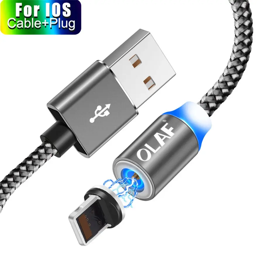 OLAF 1M& 2M светодиодный магнитный кабель и кабель Micro USB и кабель usb type C с нейлоновой оплеткой type-C Магнитный зарядный кабель для iPhone Xs Max - Цвет: For iphone Gray