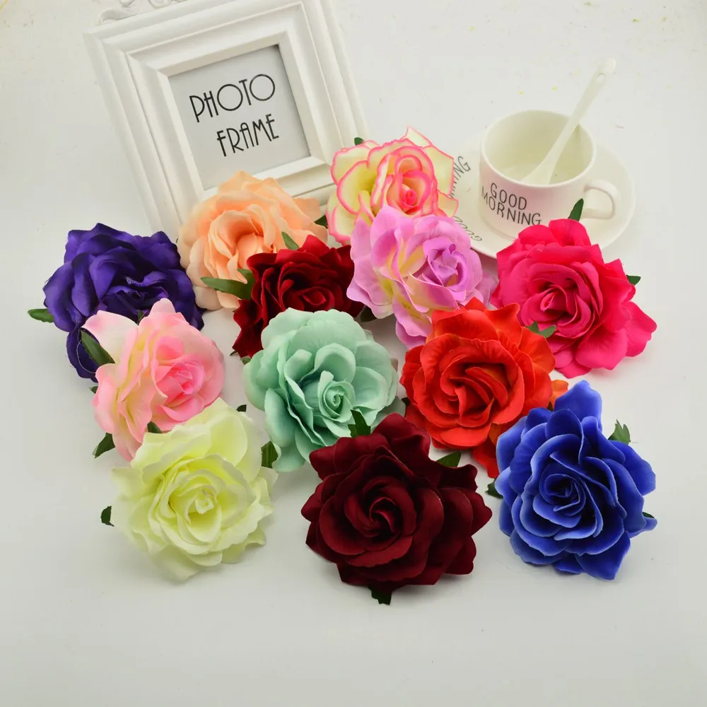 

100pcs silk rose heads 9cm Artificial flowers for home wedding car decoration diy Children wreaths fake Needlework Bride bouque