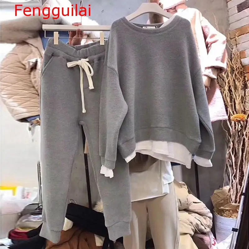 

Two Piece Sets 2019 Winter Sweatshirt Female Casual O-Neck Loose Suits Long Sleeve Warm Sets Women Patchwork