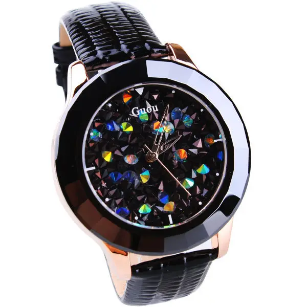 HK бренд Guou для женщин хорошее качество Натуральная кожа ремешок роскошные часы первого класса Стразы Модные женские наручные часы - Цвет: Черный