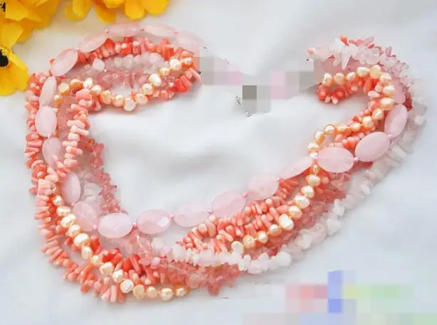 

song voge gem nanJ2261 6row pink coral & baroque pearl & crystal necklace