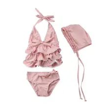 3 предмета в комплекте, Детский комплект принцессы, купальный костюм для девочек Летняя Блузка на бретелях с низким вырезом на спине кружевной купальник костюм с бикини плавание, купания костюм От 1 до 6 лет