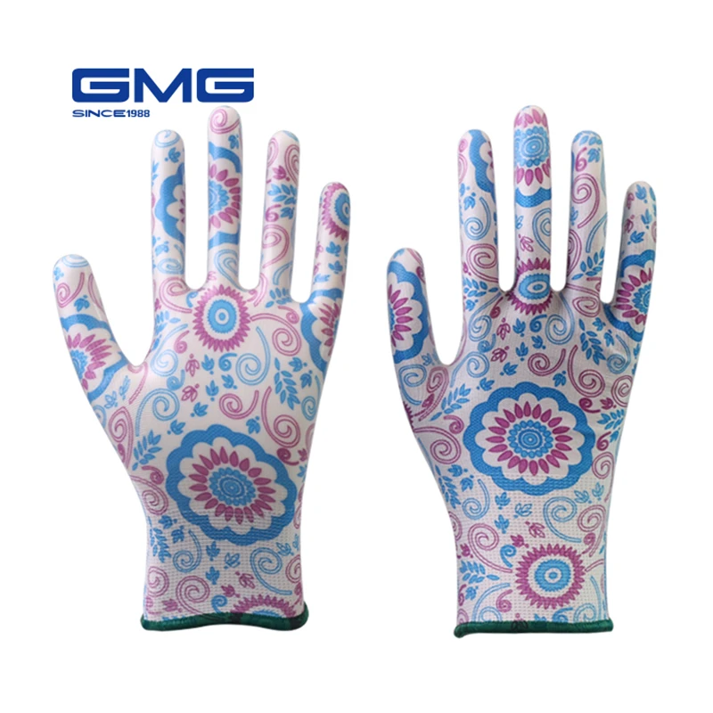 

3 Pairs Working Gloves Women GMG Printed Polyester Shell Nitrile Coating Work Safety Gloves Women's Garden Gloves