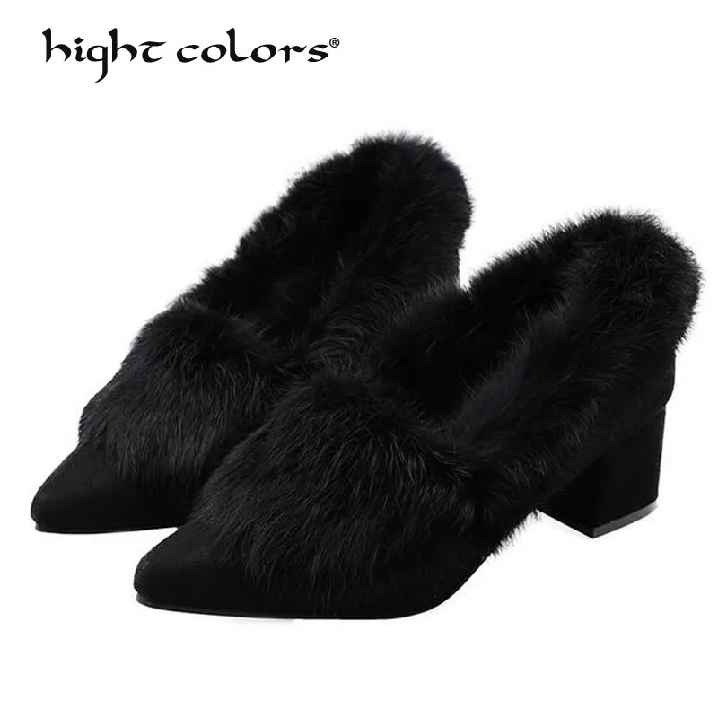 

2018 Winter Women Fur Loafers Medium Heels Pumps Rabbit Fur Slip on Shoes Woman Casual Shoes Plaid Ladies Wedding Shoes T026