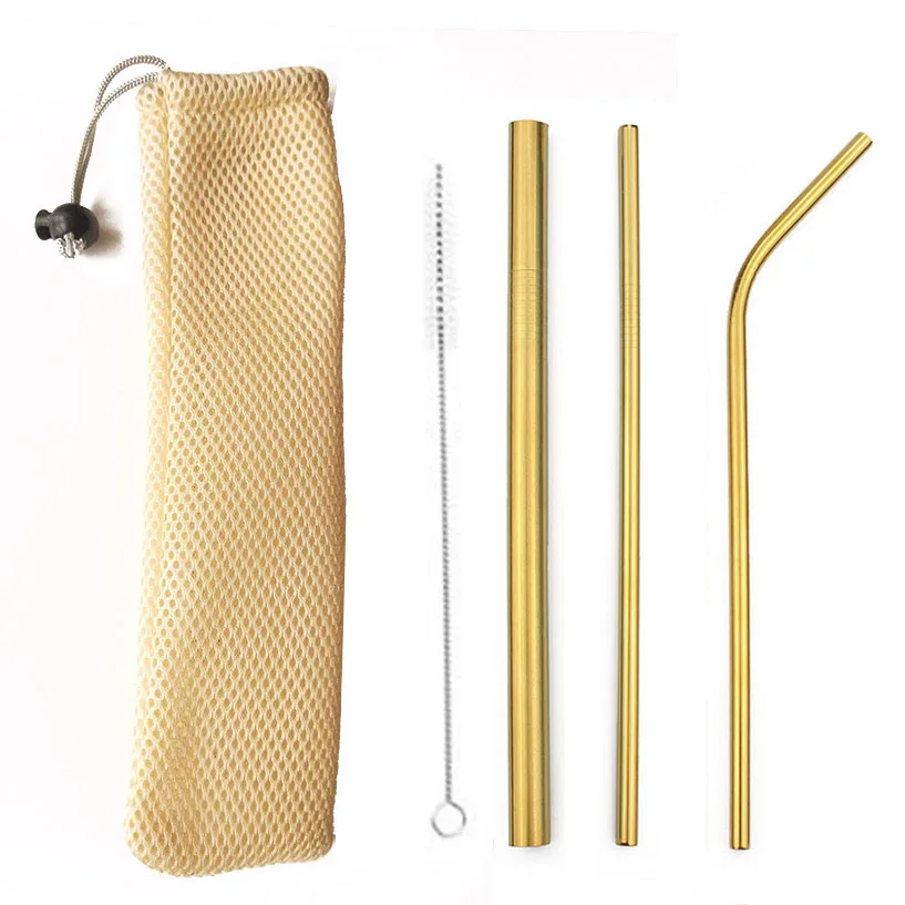 5Pcs Bubble Tea Stainless Steel Straw Reusable Drinking Straws Set Curved Metal Straws Bag with Brush For Smoothies Juice Tea - Цвет: Gold