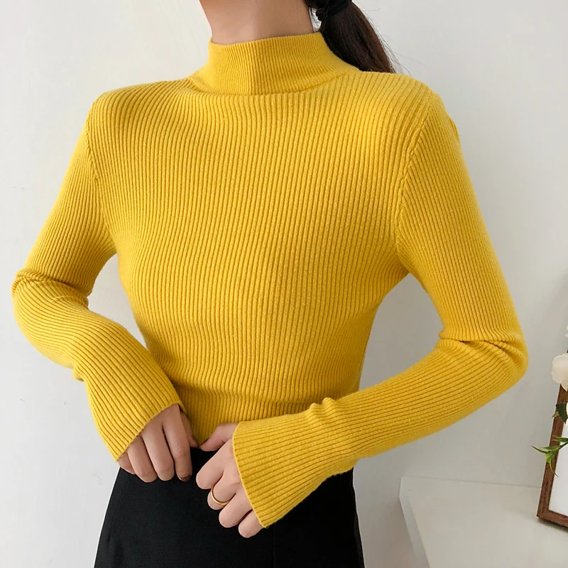 2018 Autumn Women Tops Ladies Long Sleeve Turtleneck Slim Pullover Knitted Thin Sweaters Top Femme Korean Solid Knitting Shirts