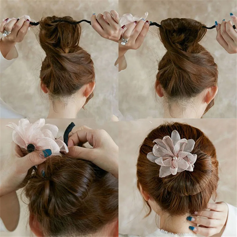 

Woman Flower Donuts Twist Headband Magic Hair Bun Maker DIY Hairstyle Tool Pearl French Bud Dish Hair Accessories Sweet Hairband