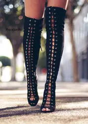 Уникальный дизайн, женские шикарные черные замшевые сапоги до колена с открытым носком на шпильках, высокие сапоги с перекрестными