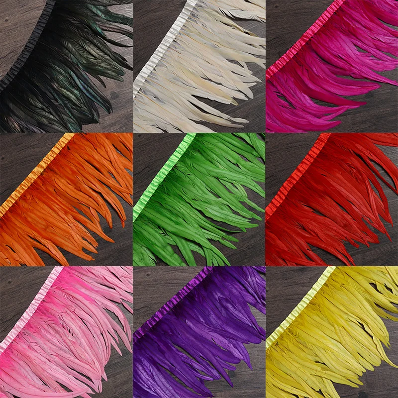 

Free shipping Rooster tail Feather Trims 1 Meter/Lot 35-40cm 14-16inch Dyed Real coque feather fringe carnival stage decor