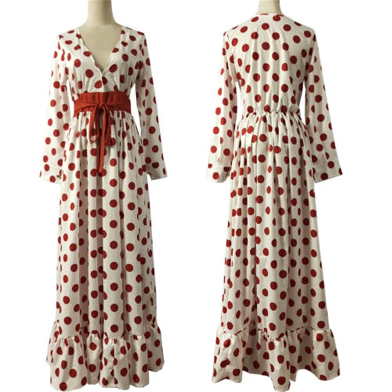 

Plus Size S-3XL Boho Womens Maxi Dress Long Sleeve Summer Long Beach Sundress Dot Belt Tied Cloth Polyester Autumn Sashes V Neck
