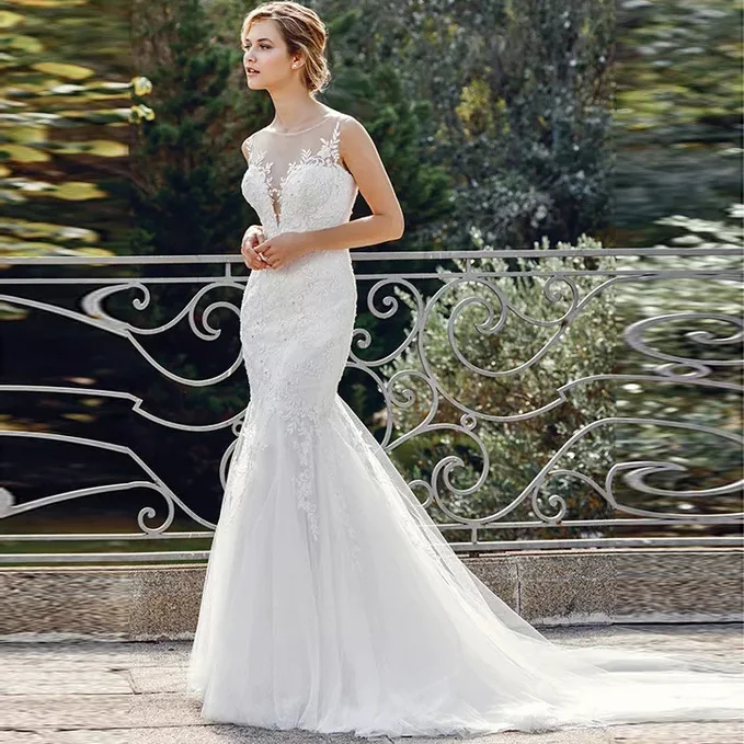 

Boho Mermaid Appliqued Wedding Dress Illusion Back Sheer O Neck Vestido De Noiva Bridal Gown Free Shipping abiti da sposa