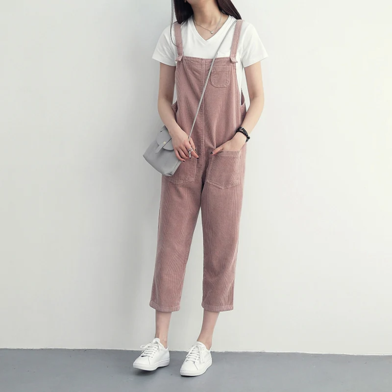 

Japan Style Soft Kawaii Lolita Jumpsuit Ankle Length Casual Loose Corduroy Suspenders Hip Hop Ripped Dancing Overalls 2 Colors