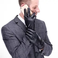 Модные зимние теплые перчатки высокого качества искусственная кожа сенсорный экран варежки джентльмен полный палец черные однотонные