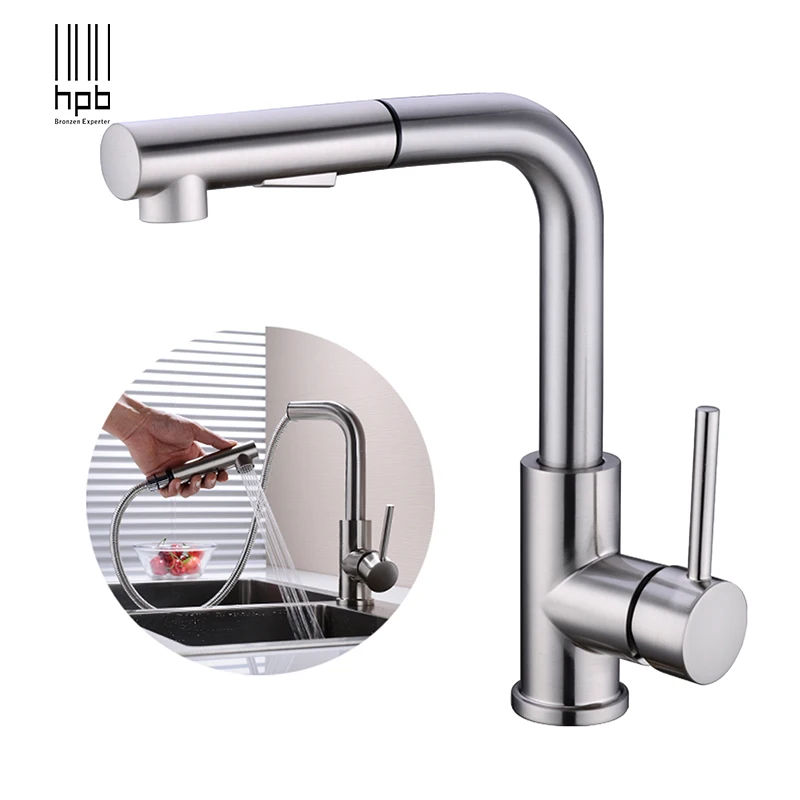 

HPB SUS304 Brushed Nickel Kitchen Tap Pull Out Sink Faucet Swivel 360 Degree Rotation Sink Tap Hot And Cold Water Mixer HP4130