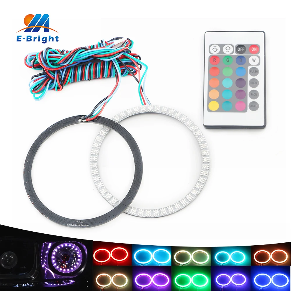 

1 Pair 90 mm 5050 Type 48 SMD Changeable Colorful RGB LED Car Halo Rings Lights With 24 Key Remote Control LED Angel Car Light