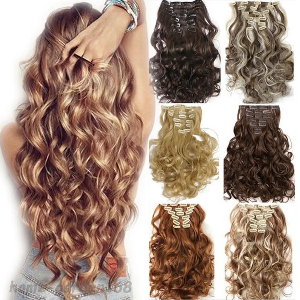FACTORY PRICE 100% natural Hair Extention Full Head Clip in on Hair Extensions Synthetic Black Brown 24" 60CM Curly Wavy 8PCS