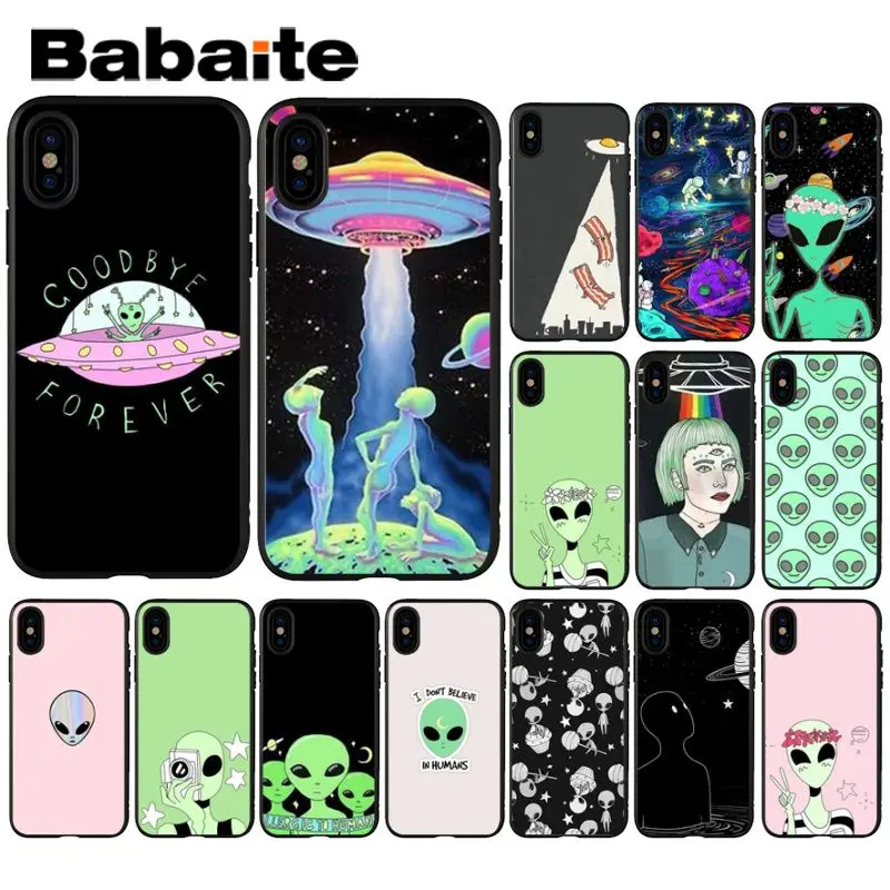 

Babaite Alien Believe UFO AND Cute Emoji Black Soft Silicone Phone Cover for iPhone X XS MAX 6 6s 7 7plus 8 8Plus 5 5S SE XR