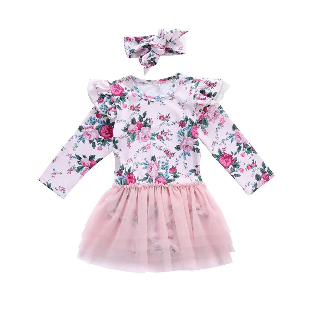 

Ruffled Long sleeve Tulle Floral Bodysuit Dress with Headband For Baby Girls