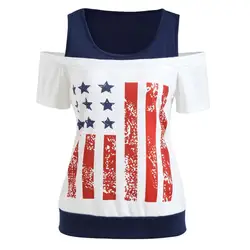 Короткий рукав Повседневное летние топы Для женщин Американский ensign рубашка с принтом женские свободные O шеи Сексуальная Блузка Roupa Feminina