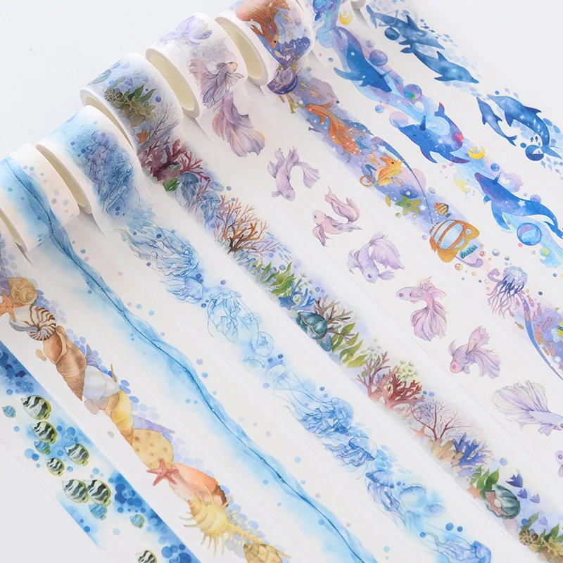 

30mm Width Ocean Washi Paper Adhesive Tape Scrapbook Planner Watercolor Underwater Sea World Jellyfish Masking Tape Sticker 5m