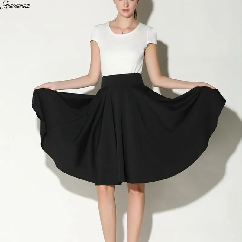 

Anasunmoon Midi Skirt Summer Women Clothing High Waist Pleated A Line Skater Vintage Casual Knee Length Saia Petticoat Skirts