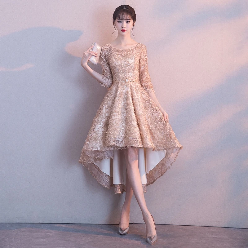 

Winter New Women O-Neck Banquet Dress Flower Lace Champagne Half Sleeve Cheongsam Bridesmaid Bride Wedding Gowns Vestidos XS-XXL