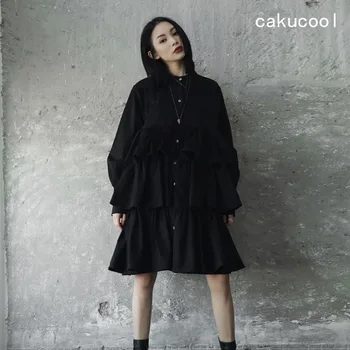 

Cakucool Black Long Sleeve Dress Spring Autumn Multi Layers Ruffles Gothic Vestido Loose Cute Single Breasted Blouse Dresses