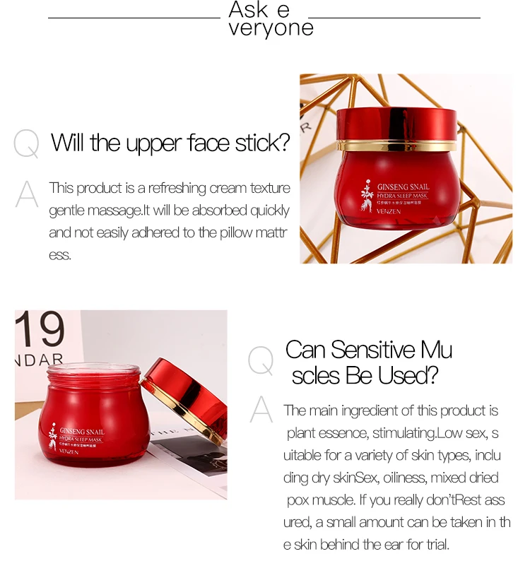 OEM VENZEN water tender moisturizing ginseng snail hydra sleep mask