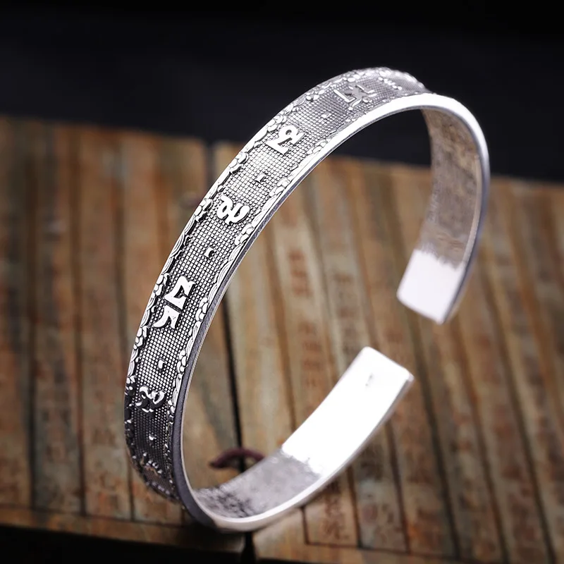 

925 Sterling Silver Tibetan Om Mani Padme Hum Heart Sutra Cuff Bracelet A2191