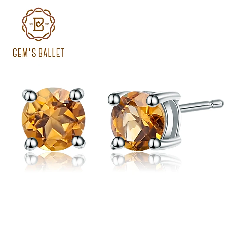 Stud Post Earring Round Simulated Yellow Citrine 925 Sterling Silver