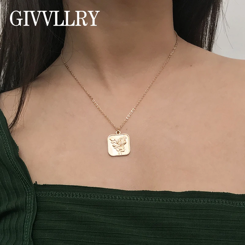 

GIVVLLRY Square Carved Rose Flower Pendant Necklace Fashion Jewelry Vintage Geometric Gold Silver Color Chain Necklace for Women