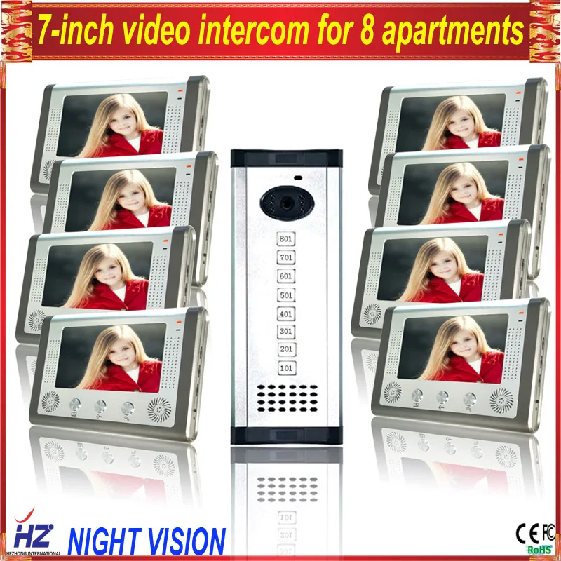 

Saful 7"TFT-LCD free disturb wired audio video door intercom system for 8 apartments with night vision monitor doorbell