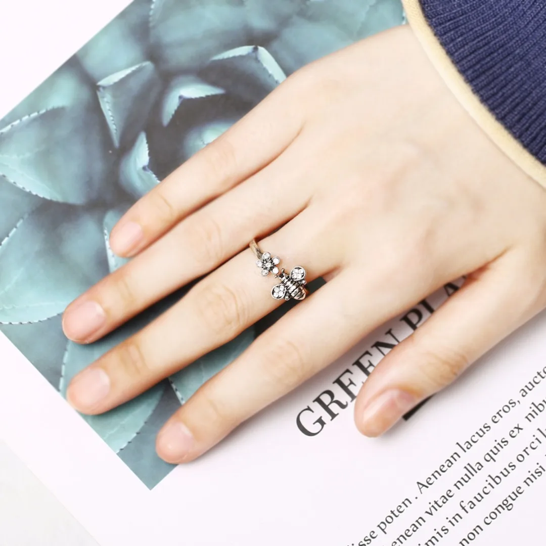 Chic Adjustable Open Ring Sexy Womens Cute Honey Bee And Flower Finger Ring Cool Elegant Jewelry For Women Shellhard