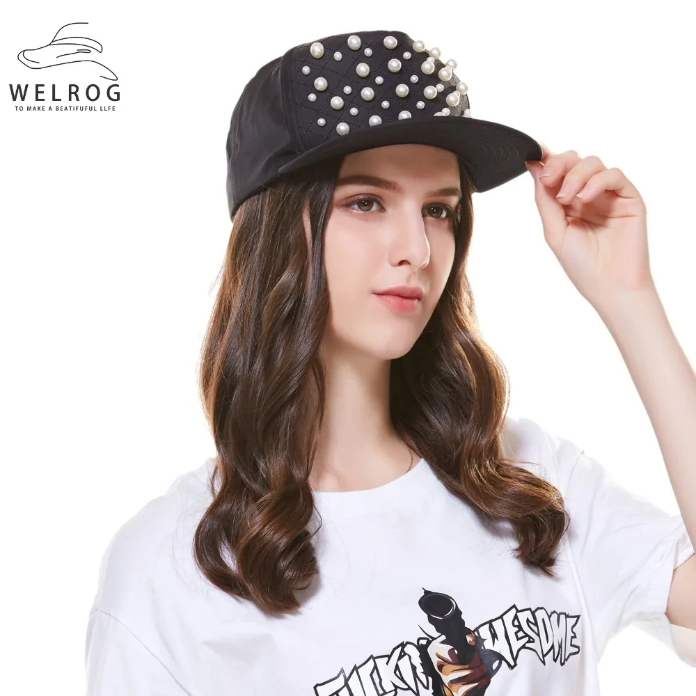 

WELROG Women's White Irregular Pearl Snapback Baseball Cap Summer Casual Cotton Black Pink Bone Hip Hop Caps Hat for Mens