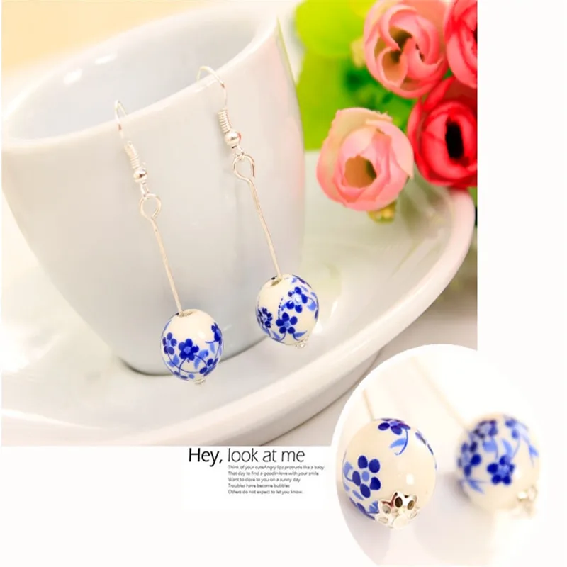 

E087 Chinese style handmade ceramic jewelry national wind porcelain beads earrings bridal earrings transporter