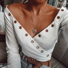 Женский сексуальный короткий топ с глубоким v-образным вырезом и галстуком-бабочкой, повседневный тонкий длинный топ с расклешенным рукавом на пуговице, женские футболки весна-лето, модные белые футболки