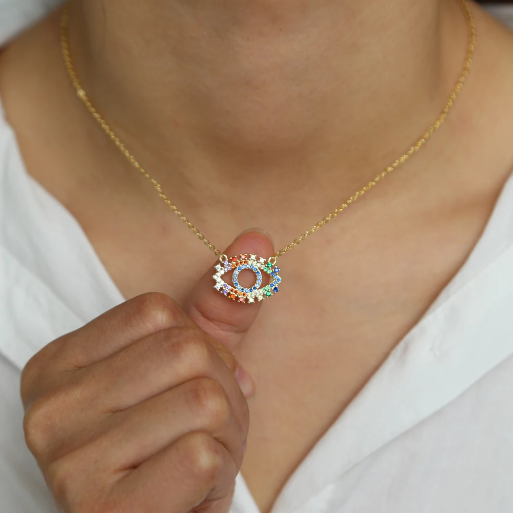 Позолоченные радужные цветные cz Хамса рука сглаза ожерелья для женщин разноцветный слой счастливые турецкие ювелирные изделия в стиле "Бохо"
