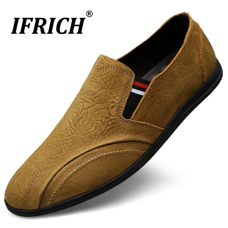 

Ifrich Man Flats Sneakers Natural Leather Driving Moccasin Men Anti-Slippery Loafers For Men Khaki Leather Mens Casual Sneakers