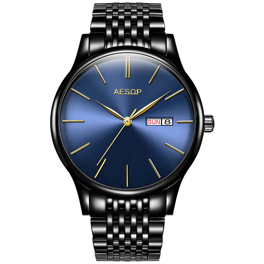 AESOP часы мужские роскошные брендовые деловые мужские механические часы из нержавеющей стали мужские модные сапфировые водонепроницаемые наручные часы - Цвет: Blue Black