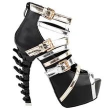 LF80645 Black Gold Silver Strappy Buckle Platform Bone Heel EVE Sandal Sz 4/5/6/7/8/9/10