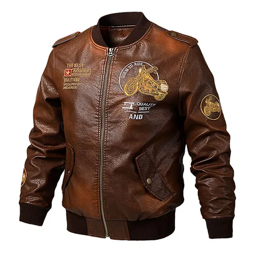 Мужская куртка из искусственной кожи, куртка в стиле милитари, винтажная мотоциклетная куртка, весенняя куртка-бомбер для пилота, велосипеда, бейсбольная куртка, Мужская, коричневая, Черная - Цвет: Коричневый