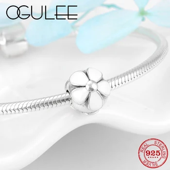

100% 925 Sterling Silver Charms clips lock beads White enamel Flower Safety Stopper Bead Fit Original Pandora Charm Bracelet