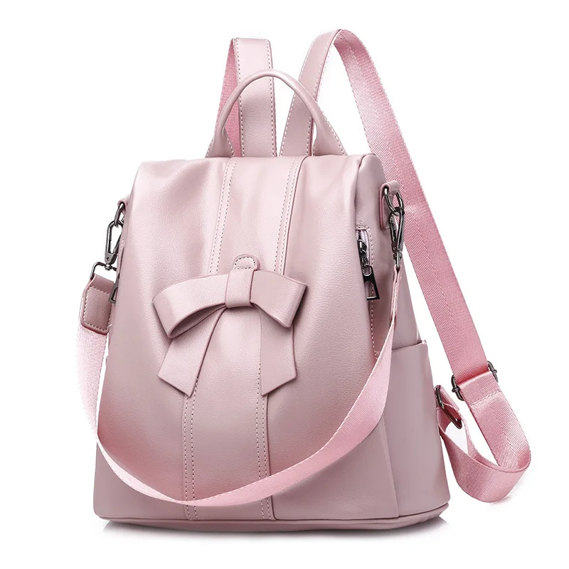 Cute Pink Bow Women Backpack Pu Leather antitheft backpack For Teenage Girls Rucksack Female Shoulder School Bags Travel Mochila